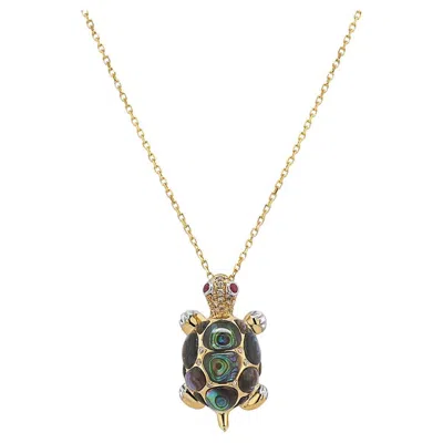 Pre-owned Unbranded Turtle Abalone Shell & Diamond Ruby White Diamond 18k Gold Pendant Necklace