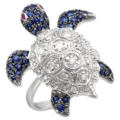 Pre-owned Unbranded Turtle Blue Sapphire White Diamond & Ruby 18k White Gold Animal Ring