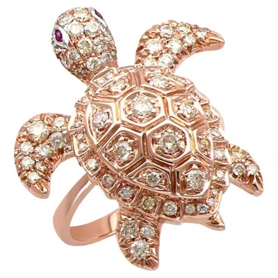 Pre-owned Unbranded Turtle Fancy Diamond Ruby 18k Rose Gold Animal Ring In Red