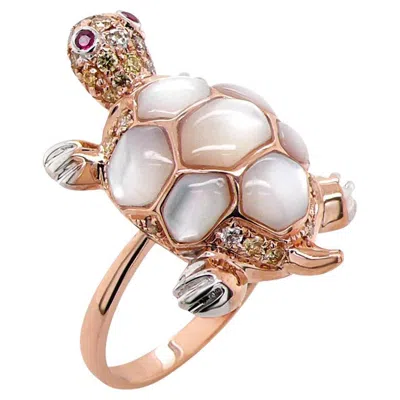 Pre-owned Unbranded Turtle Fancy Diamond Ruby & White Pearl 18k Rose Gold Animal Ring