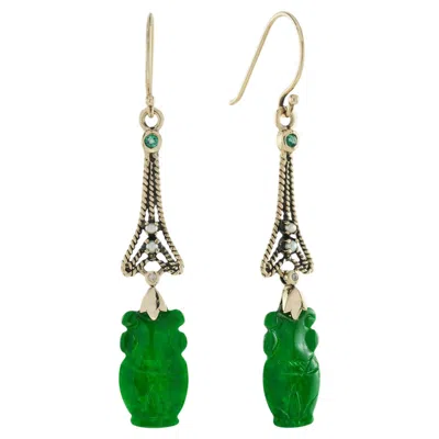 Pre-owned Unbranded Vase Carved Jade Emerald Pearl Diamond Dangle 9k Yellow Gold Dangle Earrings
