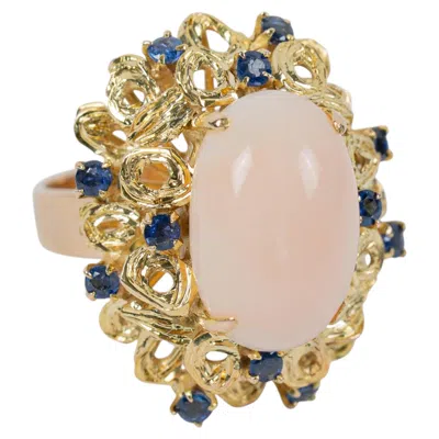 Pre-owned Unbranded Vintage 14k Yellow Gold Angel Skin Coral & Blue Sapphire Cocktail Ring