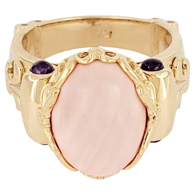 Pre-owned Unbranded Vintage Imitation Coral And Amethyst Ring In 14k Yellow Gold.