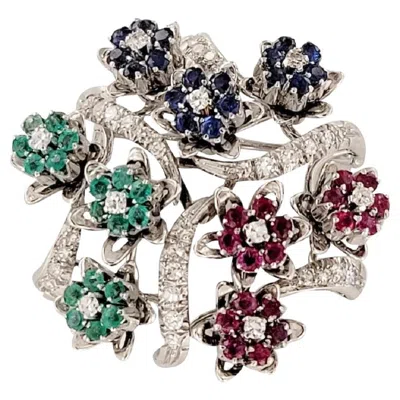 Pre-owned Unbranded Vintage Ruby, Blue Sapphire, Emerald And Diamond Brooch In 18k White Gold
