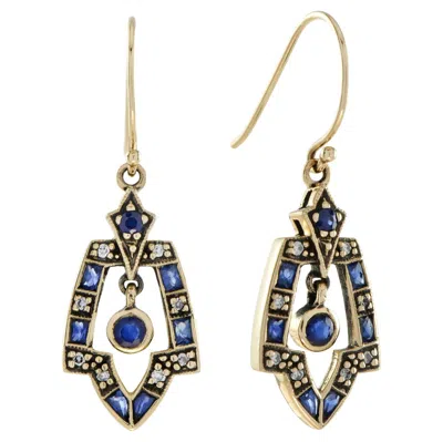 Pre-owned Unbranded Vintage Style Blue Sapphire & Diamond Dangle 9k Gold Dangle Drop Earrings