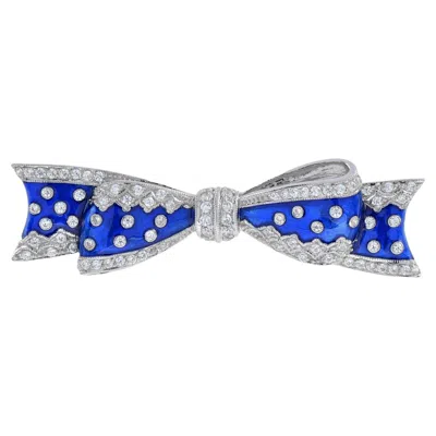 Pre-owned Unbranded Vintage Style Diamond & Blue Enamel Ribbon Bow 14k White Gold Pin Brooch