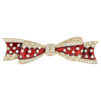 Pre-owned Unbranded Vintage Style Diamond & Red Enamel Ribbon Bow 14k Yellow Gold Pin Brooch