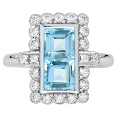 Pre-owned Unbranded Vintage Style Double Princess Blue Topaz & Diamond Halo 14k White Gold Ring