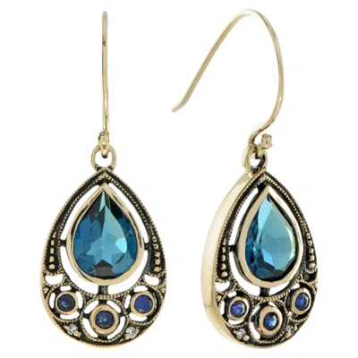 Pre-owned Unbranded Vintage Style London Blue Topaz Blue Sapphire Diamond 9k Gold Dangle Earrings