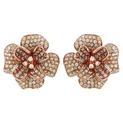 Pre-owned Unbranded White & Fancy Diamond Pave Set Floral Flower 18k Rose Gold Earrings