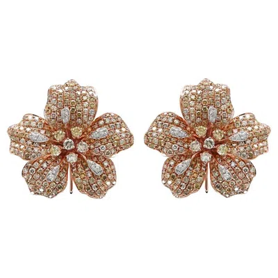 Pre-owned Unbranded White & Fancy Diamond Pave Set Lilly Floral Flower 18k Rose Gold Earrings