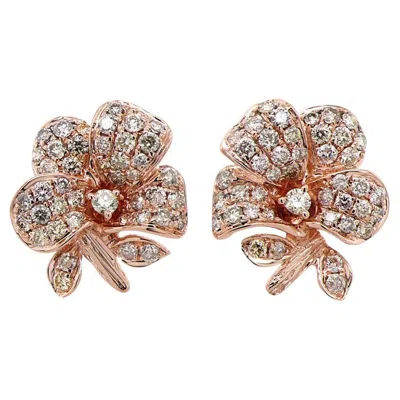 Pre-owned Unbranded White & Fancy Diamond Pave Set Lilly Floral Flower 18k Rose Gold Earrings