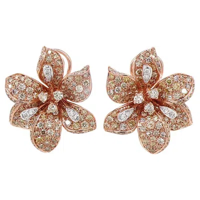 Pre-owned Unbranded White & Fancy Diamond Pave Set Lilly Floral Flower 18k Rose Gold Earrings