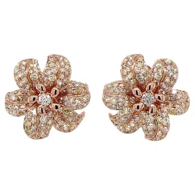 Pre-owned Unbranded White & Fancy Diamond Pave Set Lilly Flower 18k Rose Gold Earrings