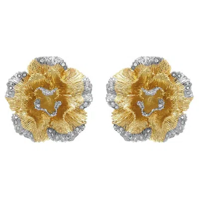 Pre-owned Unbranded White Diamond Lilly Flower 18k White & Yellow Gold Brushed Finish Earrings