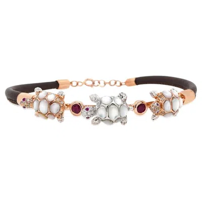 Pre-owned Unbranded White Mother Of Pearl & Diamond Ruby Turtle Animal Rose Gold Leather Bracelet