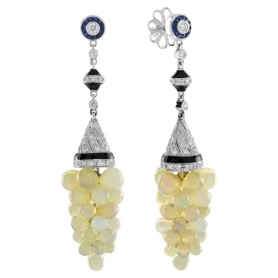 Pre-owned Unbranded White Opal Grape Diamond Blue Sapphire Black Enamel Vintage Style Drop Earrings