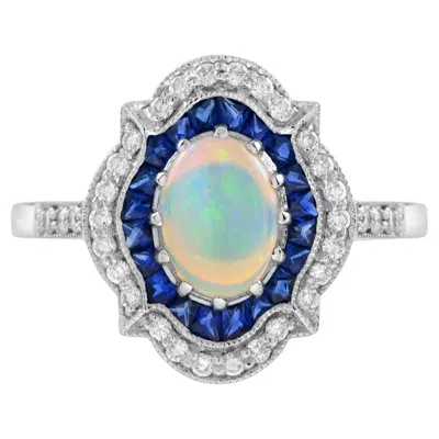 Pre-owned Unbranded White Oval Opal & Blue Sapphire Diamond Art Deco Style Halo 14k White Gold Ring