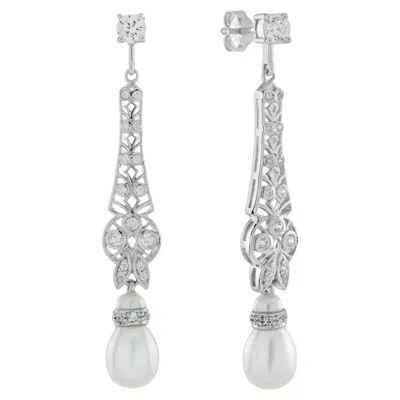 Pre-owned Unbranded White Pearl & Diamond Vintage Style Drop 14k White Gold Earrings
