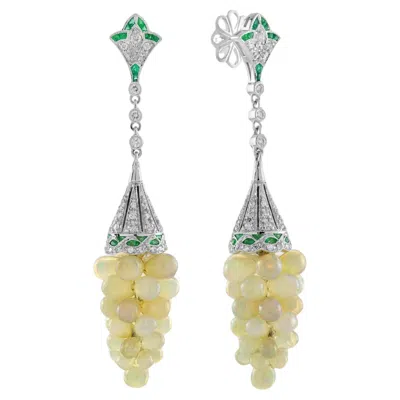 Pre-owned Unbranded White Yellow Opal Grape & Diamond Green Emerald Vintage Style Drop Gold Earrings