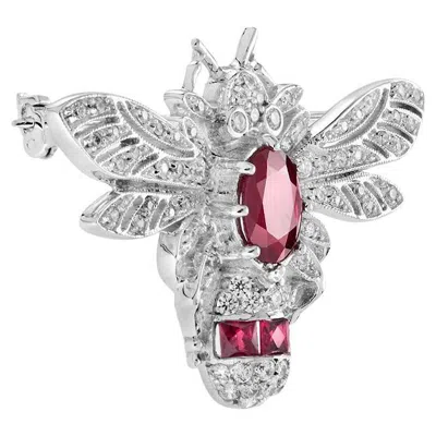 Pre-owned Unbranded Wonderland Bee Oval Red Ruby & Diamond 14k White Gold Pin Brooch