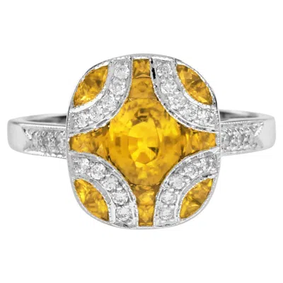 Pre-owned Unbranded Yellow Sapphire & Diamond Vintage Inspired Art Deco Style White Gold Ring
