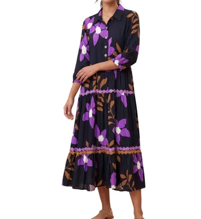Uncle Frank 3/4 Sleeve Midi Dress In Black Purple
