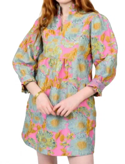 Uncle Frank Fran Brocade Ruffled Trim Designer Line Dress In Pink In Multi