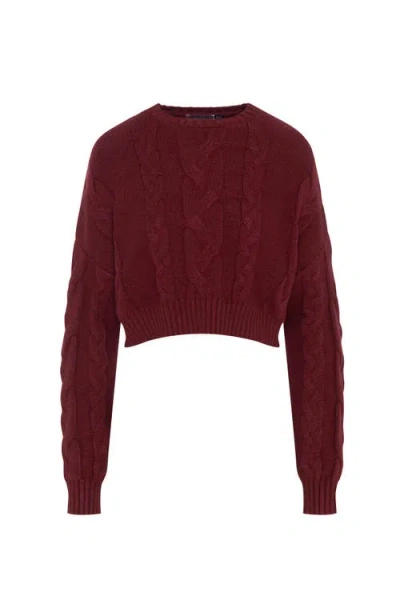 Unclear Braided Knit Long Sleeve Ribbed Trim Sweater In Burgundy