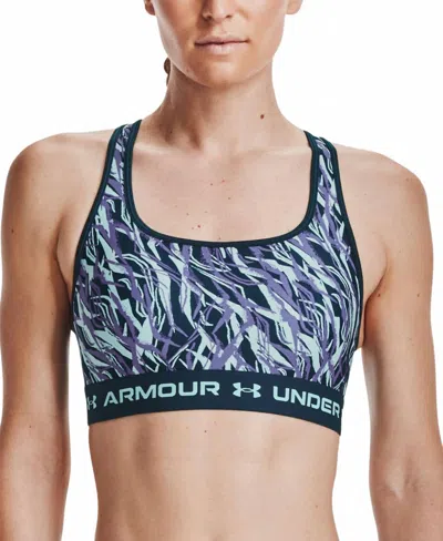 Under Armour Activewear Print Cross Back Sports Bra In Dark Cyan/breeze In Multi