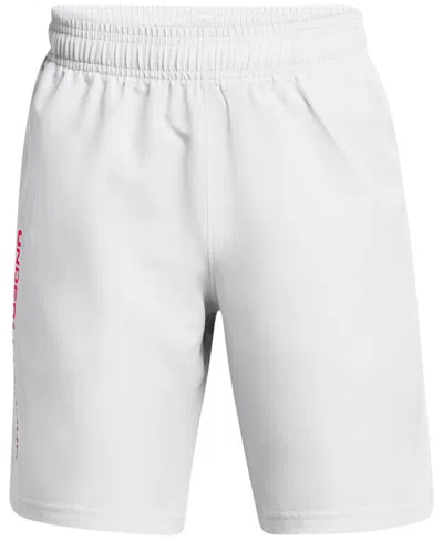 Under Armour Kids' Big Boys Woven Wordmark Shorts In Halo Gray,red Solstice