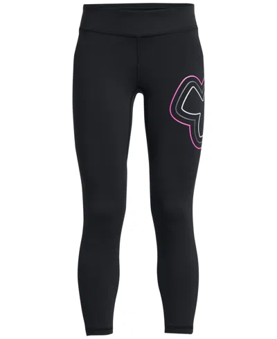 Under Armour Kids' Big Girls Motion Branded Ankle Leggings In Black,rebel Pink,castlerock