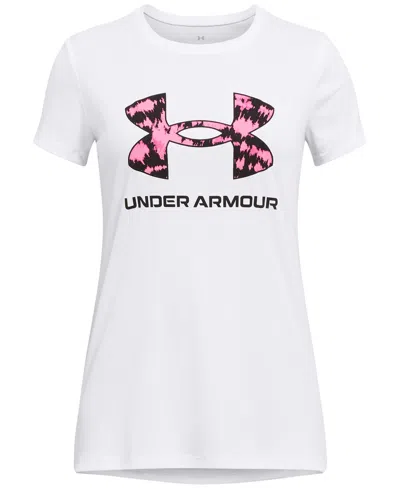Under Armour Kids' Big Girls Tech Print Fill Big Logo Short Sleeve T-shirt In White,black,rebel Pink