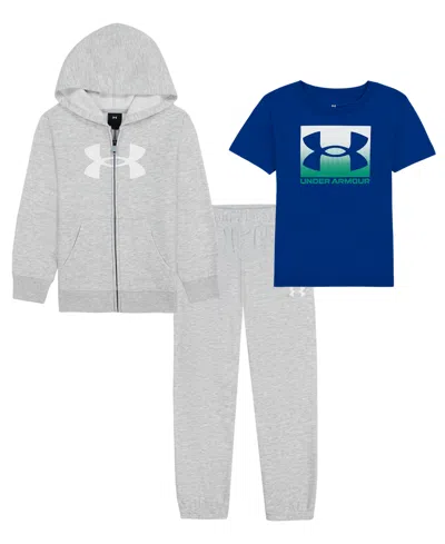 Under Armour Kids' Boys' 2t-7 Hoodie, T-shirt And Joggers, 3-piece Set In Mod Gray Heather,team Royal Blue