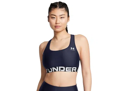 Under Armour Heatgear Armour Mid Impact Branded Bra Women's Lingerie Midnight Navy/white: Md (us 8-10) In Blue