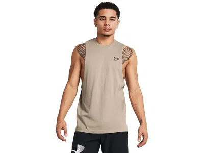 Under Armour Left Chest Cutoff Tank Men's Clothing Timberwolf Taupe/black: Xl In Multi
