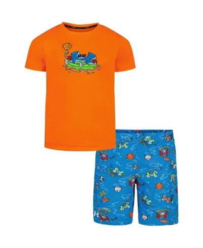 Under Armour Kids' Little And Toddler Boys 2-piece Town Pool Short Sleeve T-shirt And Volley Shorts Set In Blaze Orange Multi