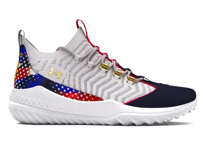Pre-owned Under Armour Men's  Harper 9 Turf Usa Sneakers In White/midnight Navy Blue/metallic Gold In Multi
