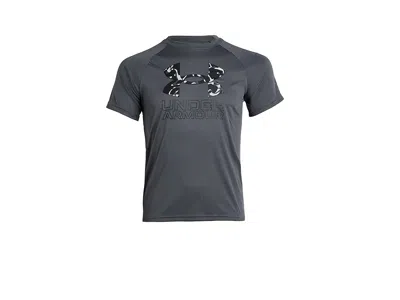 Under Armour Tech Hybrid Print Short Sleeve T-shirt (big Kid) Boy's Shorts Castlerock/black : Lg (14-16 Big Kid), In Gray