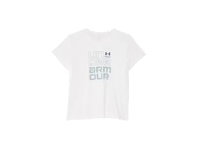 Under Armour Tech Split Wordmark Short Sleeve T-shirt (big Kid) Girl's Clothing White/harbor Blue/downpour Gray :