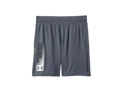 Under Armour Tech Wordmark Shorts (big Kids) Boy Kid's Shorts Castlerock/white : Xs (7 Big Kid), Polyester In Blue