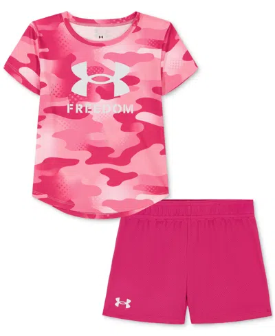 Under Armour Kids' Toddler & Little Girls Freedom Camo T-shirt & Shorts, 2 Piece Set In Astro Pink
