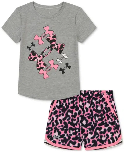 Under Armour Kids' Toddler & Little Girls Logo T-shirt & Printed Woven Shorts, 2 Piece Set In Mod Gray