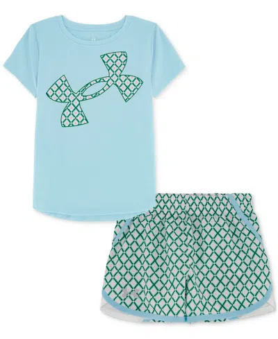 Under Armour Kids' Toddler & Little Girls T-shirt & Printed Woven Shorts, 2 Piece Set In Stream