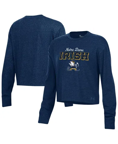 Under Armour Women's Heather Navy Notre Dame Fighting Irish Essentials Icon Ultra-soft Cropped Long Sleeve Tri-bl In Blue