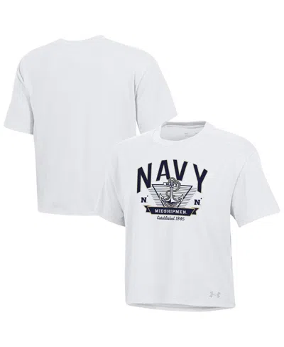 Under Armour Women's White Navy Midshipmen Essentials Icon Ultra-soft Tri-blend Boxy Cropped T-shirt