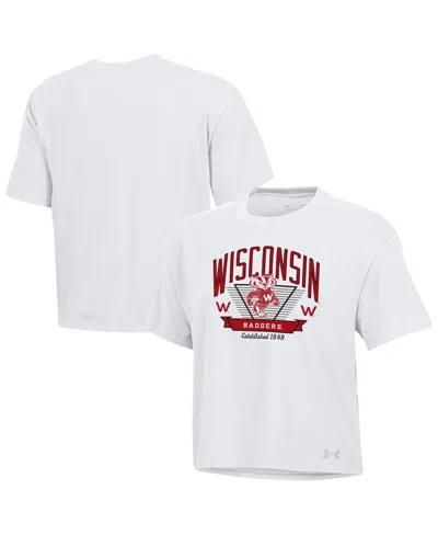 Under Armour Women's White Wisconsin Badgers Essentials Icon Ultra-soft Tri-blend Boxy Cropped T-shirt In Gray