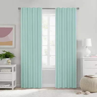 Under The Stars Kids Hayden Pompom Rod Pocket Back Tab Energy Saving 100% Blackout Single Curtain Panel In Blue