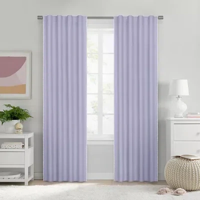 Under The Stars Kids Hayden Pompom Rod Pocket Back Tab Energy Saving 100% Blackout Single Curtain Panel In Purple