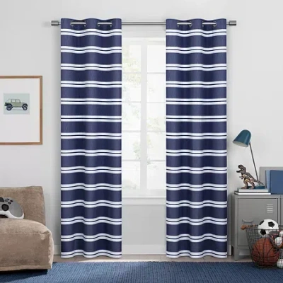 Under The Stars Kids Hayden Stripe Grommet Top Energy Saving 100% Blackout Single Curtain Panel In Blue